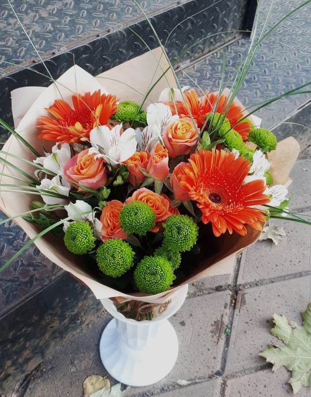 Букет цветов из: Герберы, Хризантемы, Альстромерии и Розы в Сазоново