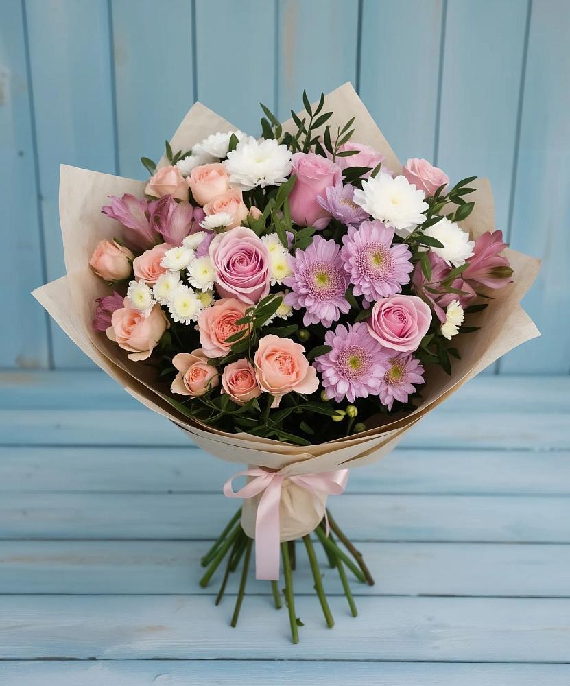 Букет цветов из: Хризантемы, Розы и Альстромерии в Сазоново