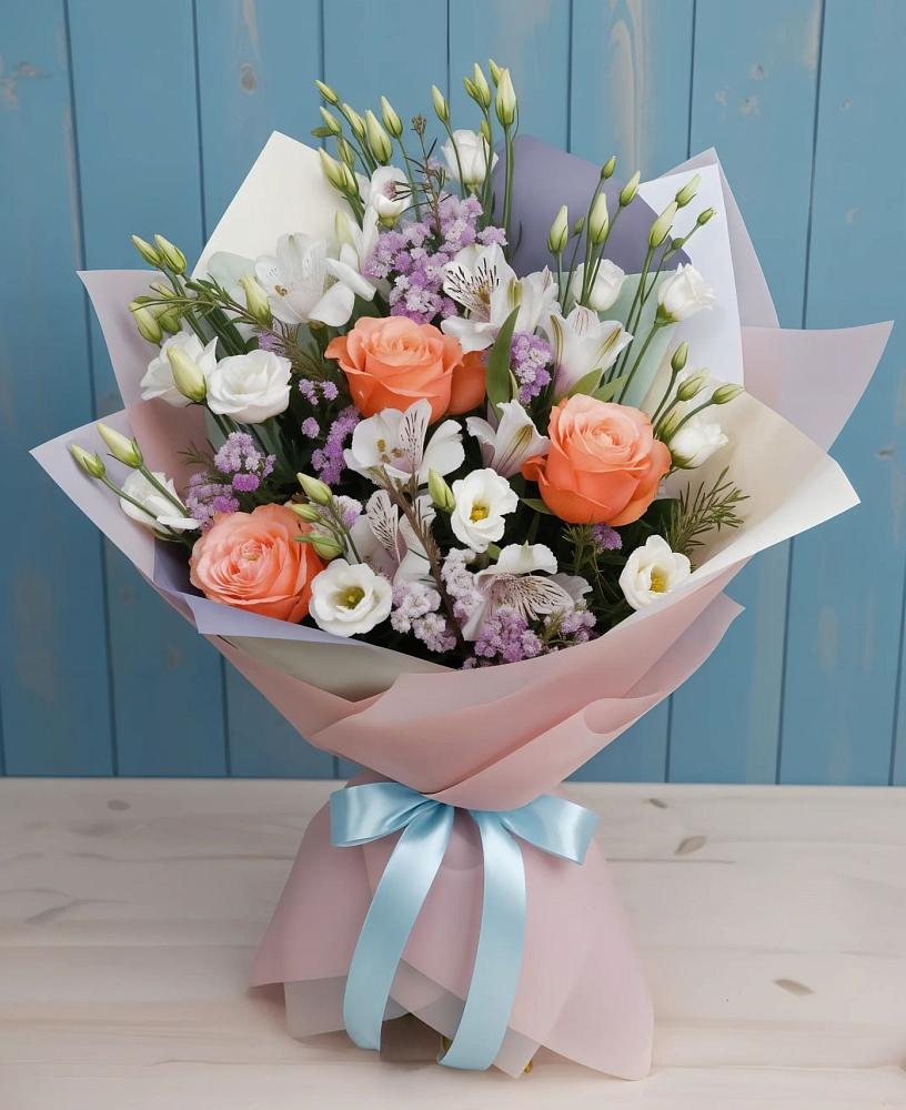 Букет цветов из: Лизиантусы, Розы, Альстромерии и Гипсофила в Сазоново