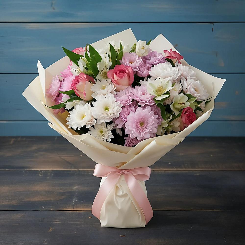 Букет цветов из: Хризантемы, Альстромерии и Розы в Сазоново